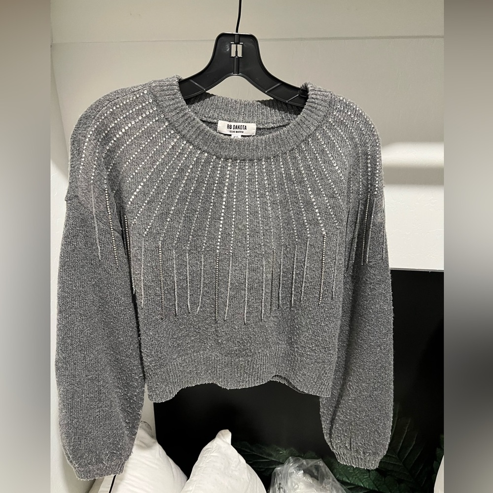 BB Dakota Gray Knit Sweater with Rhinestone Accents